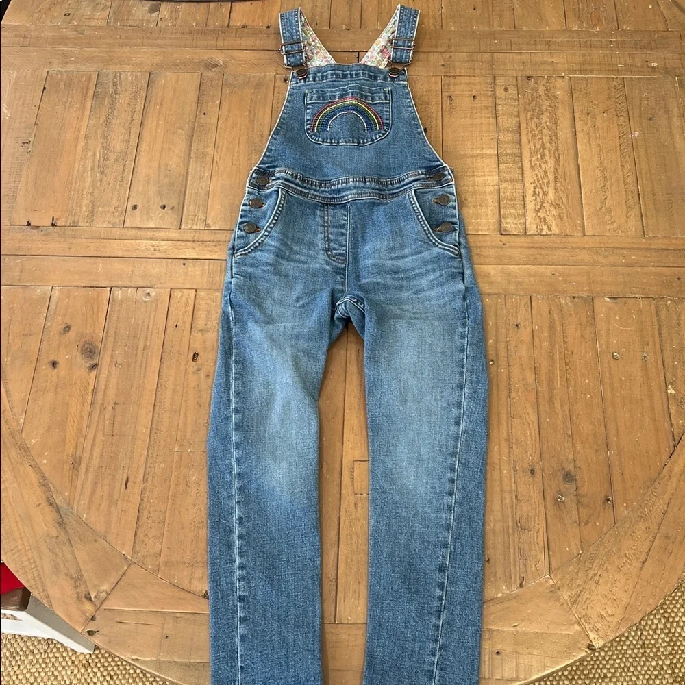 Mini boden rainbow embroidered denim overalls girls 8-9 years